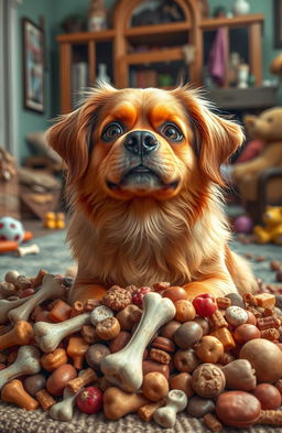 A scene depicting a greedy dog, with a look of gluttony on its face as it sits surrounded by piles of food, such as bones, treats, and various dog snacks
