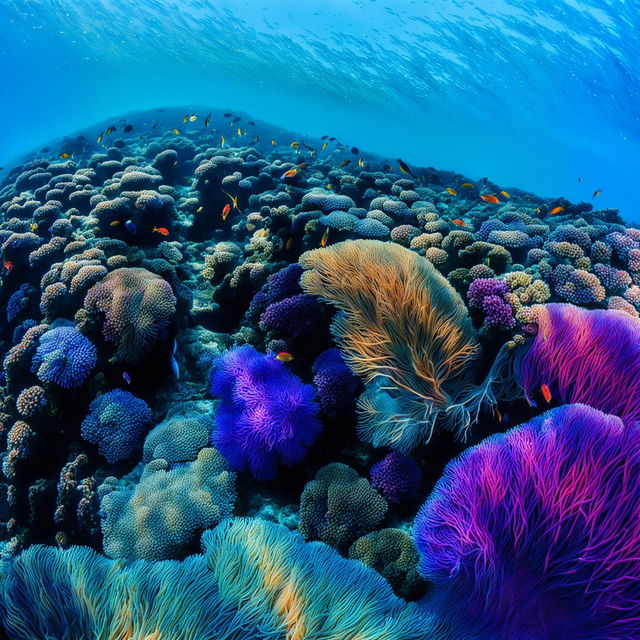 This is an ultra wide angle shot of the Great Barrier Reef, showcasing the vibrant colors and abundant life of the coral formations