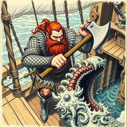 A dwarven man with reddish brown hair and beard, wearing intricately detailed scale mail armor, is depicted in a dynamic pose as he powerfully chops a sahuagin in half with his axe