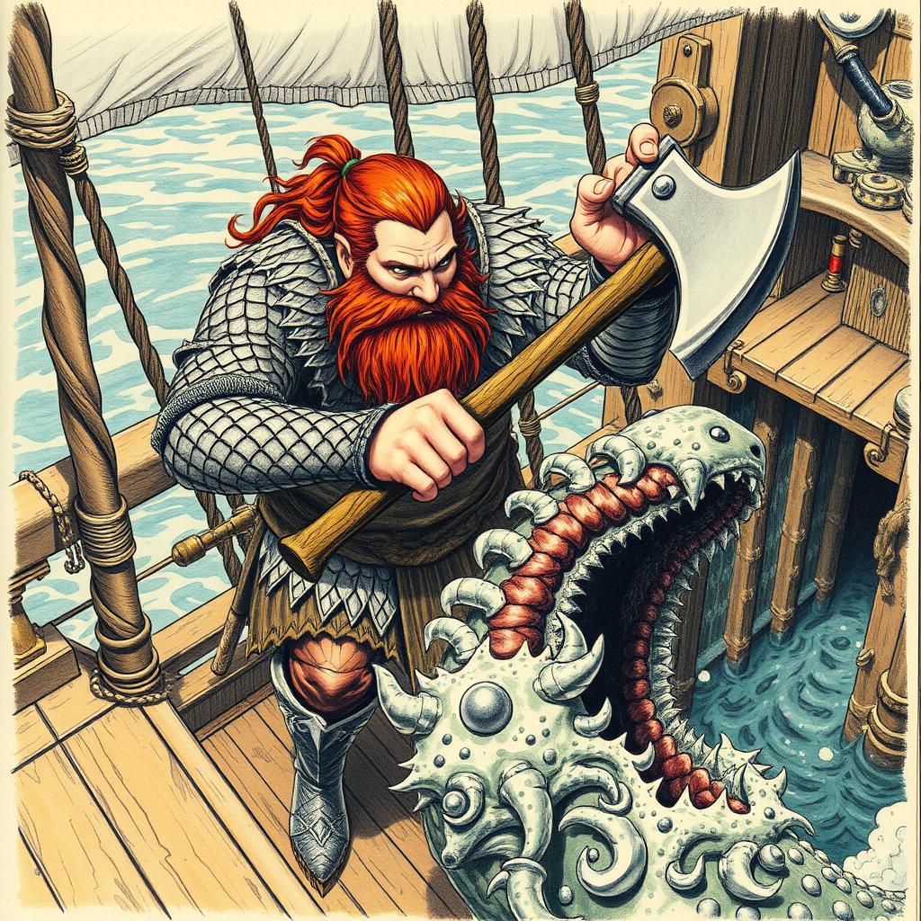 A dwarven man with reddish brown hair and beard, wearing intricately detailed scale mail armor, is depicted in a dynamic pose as he powerfully chops a sahuagin in half with his axe