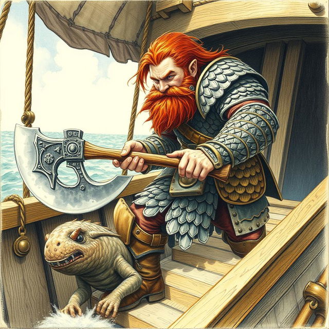 A dwarven man with reddish brown hair and beard, wearing intricately detailed scale mail armor, is depicted in a dynamic pose as he powerfully chops a sahuagin in half with his axe