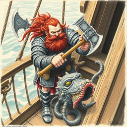 A dwarven man with reddish brown hair and beard, wearing intricately detailed scale mail armor, is depicted in a dynamic pose as he powerfully chops a sahuagin in half with his axe