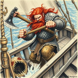 A dwarven man with reddish brown hair and beard, wearing intricately detailed scale mail armor, is depicted in a dynamic pose as he powerfully chops a sahuagin in half with his axe