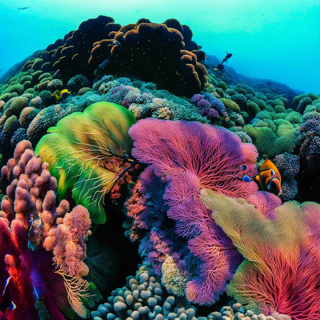 An ultra-wide-angle, high-definition ocean photograph of the Great Barrier Reef, showcasing the vibrant and diverse marine life