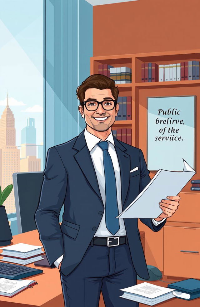 A conceptual illustration of a public servant, depicted as a professional individual in a modern office setting