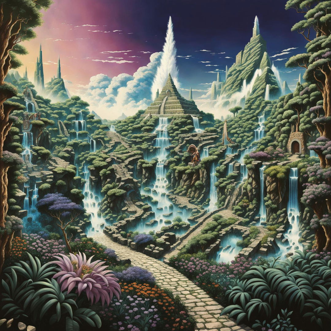 A high-quality digital art image depicting the Hanging Gardens of Babylon in full bloom, with cascading waterfalls, lush greenery, and a towering ziggurat