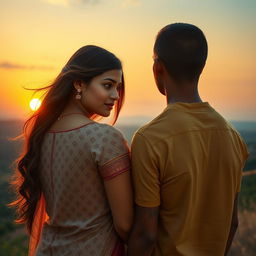 A romantic scene featuring a South Indian couple watching the sunrise together