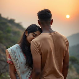 A romantic scene featuring a South Indian couple watching the sunrise together