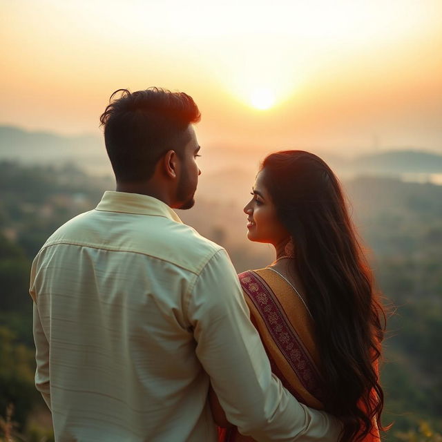 A romantic scene featuring a South Indian couple watching the sunrise together