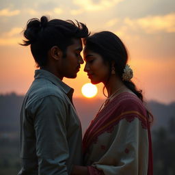 A romantic scene depicting a South Indian couple watching the sunrise together