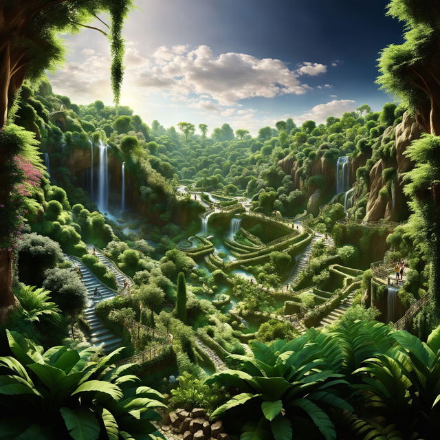 A high-definition, wide-angle digital art of the Hanging Gardens of Babylon, designed to mimic the clarity of a Nikon camera shot