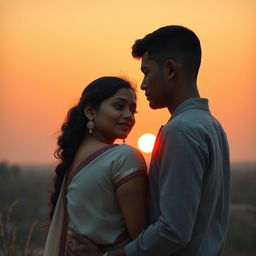 A romantic scene depicting a South Indian couple watching the sunrise together