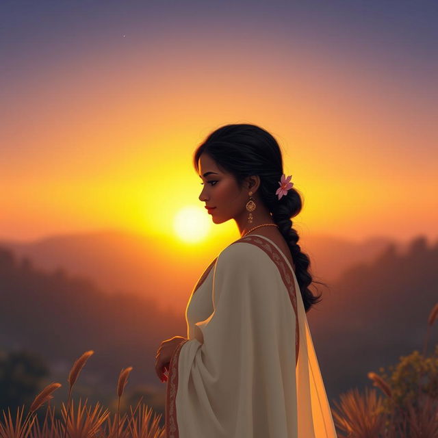 A romantic scene depicting a South Indian couple watching the sunrise together