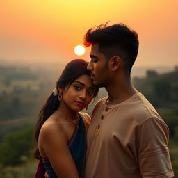 A romantic scene depicting a South Indian couple watching the sunrise together