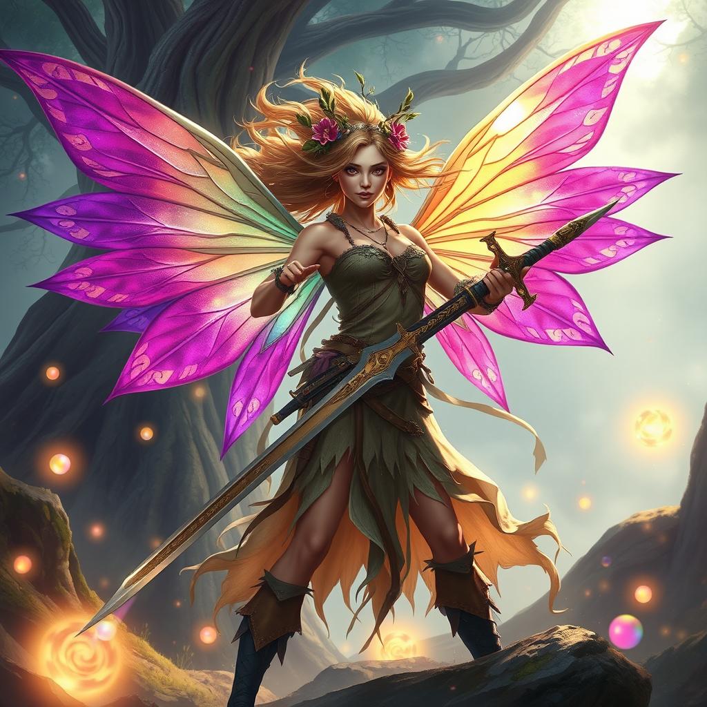 A fierce female fairy barbarian, with vibrant, translucent wings that shimmer in shades of violet and gold