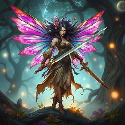 A fierce female fairy barbarian, with vibrant, translucent wings that shimmer in shades of violet and gold