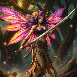 A fierce female fairy barbarian, with vibrant, translucent wings that shimmer in shades of violet and gold