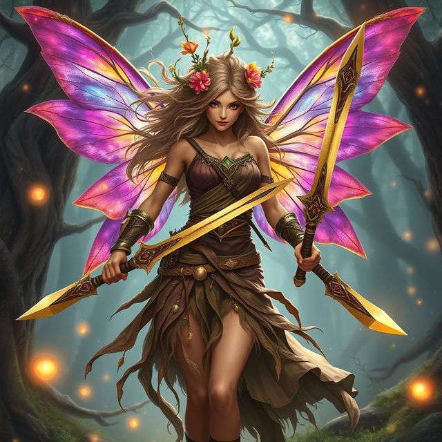 A fierce female fairy barbarian, with vibrant, translucent wings that shimmer in shades of violet and gold