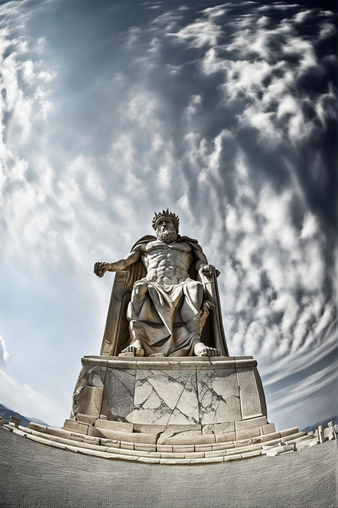 A high-definition, wide-angle photograph of the Statue of Zeus at Olympia, captured with a Nikon 435bc