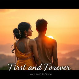 A romantic scene depicting a South Indian couple enjoying a beautiful sunrise together