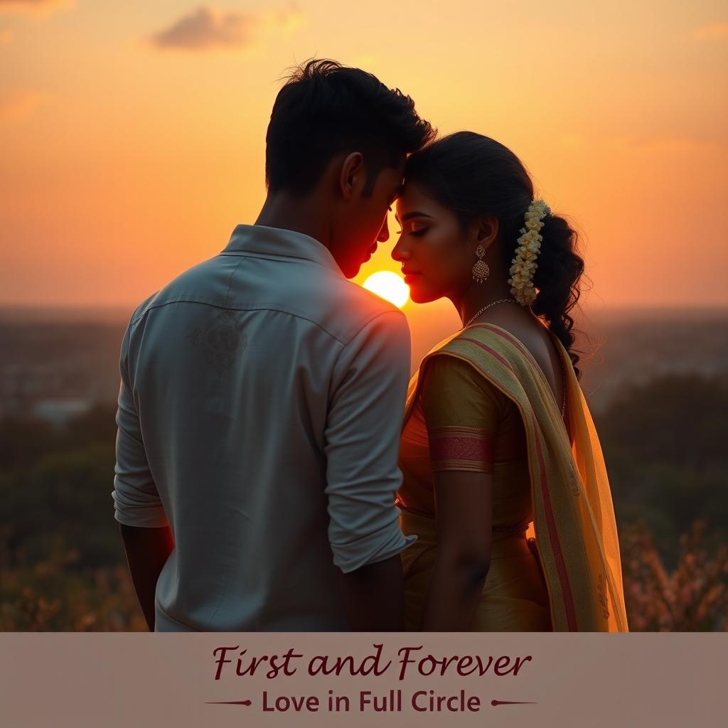 A romantic scene depicting a South Indian couple enjoying a beautiful sunrise together