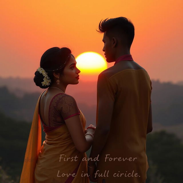 A romantic scene depicting a South Indian couple enjoying a beautiful sunrise together