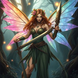 A fierce female fairy barbarian, depicted in an artistic and tasteful manner, with vibrant, translucent wings that shimmer in various shades