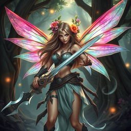 A fierce female fairy barbarian, depicted in an artistic and tasteful manner, with vibrant, translucent wings that shimmer in various shades