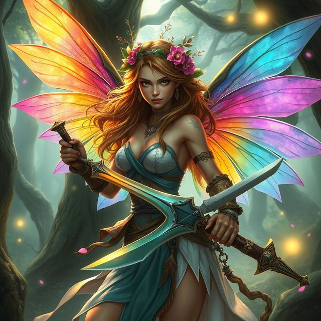 A fierce female fairy barbarian, depicted in an artistic and tasteful manner, with vibrant, translucent wings that shimmer in various shades