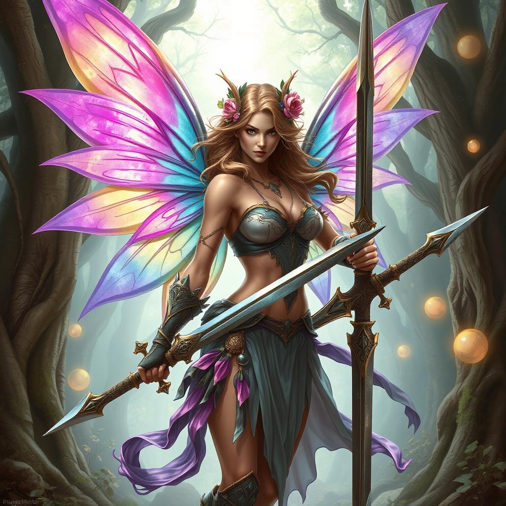 A fierce female fairy barbarian, depicted in an artistic and tasteful manner, with vibrant, translucent wings that shimmer in various shades