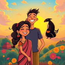 A cartoon-style illustration depicting a South Indian couple joyfully watching the sunrise together
