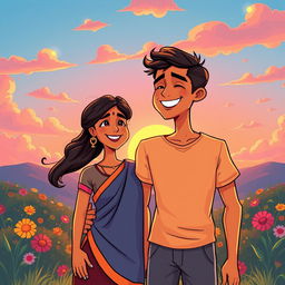 A cartoon-style illustration depicting a South Indian couple joyfully watching the sunrise together