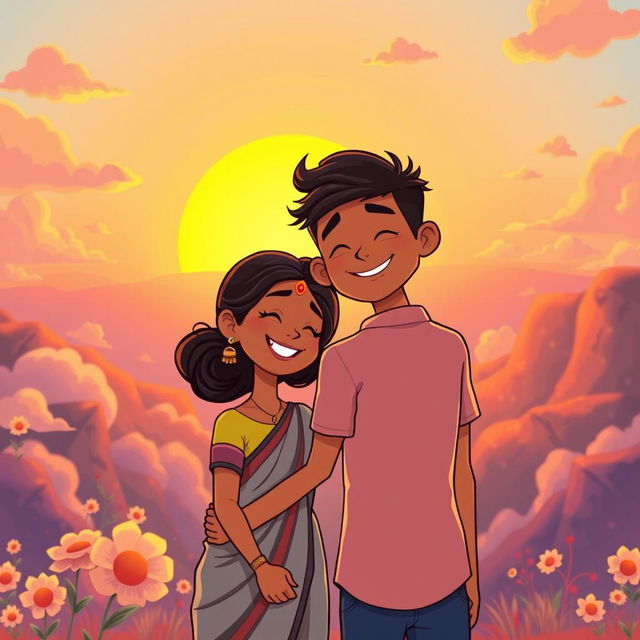 A cartoon-style illustration depicting a South Indian couple joyfully watching the sunrise together