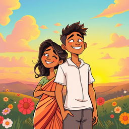 A cartoon-style illustration depicting a South Indian couple joyfully watching the sunrise together