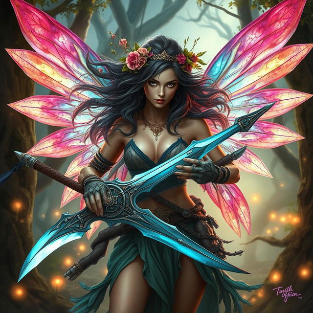 A fierce female fairy barbarian, depicted in an artistic and tasteful manner, showcasing her vibrant, translucent wings that shimmer in various shades