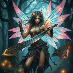 A fierce female fairy barbarian, depicted in an artistic and tasteful manner, showcasing her vibrant, translucent wings that shimmer in various shades