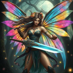 A fierce female fairy barbarian, depicted in an artistic and tasteful manner, showcasing her vibrant, translucent wings that shimmer in various shades