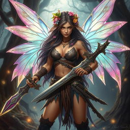 A fierce female fairy barbarian, depicted in an artistic and tasteful manner, showcasing her vibrant, translucent wings that shimmer in various shades