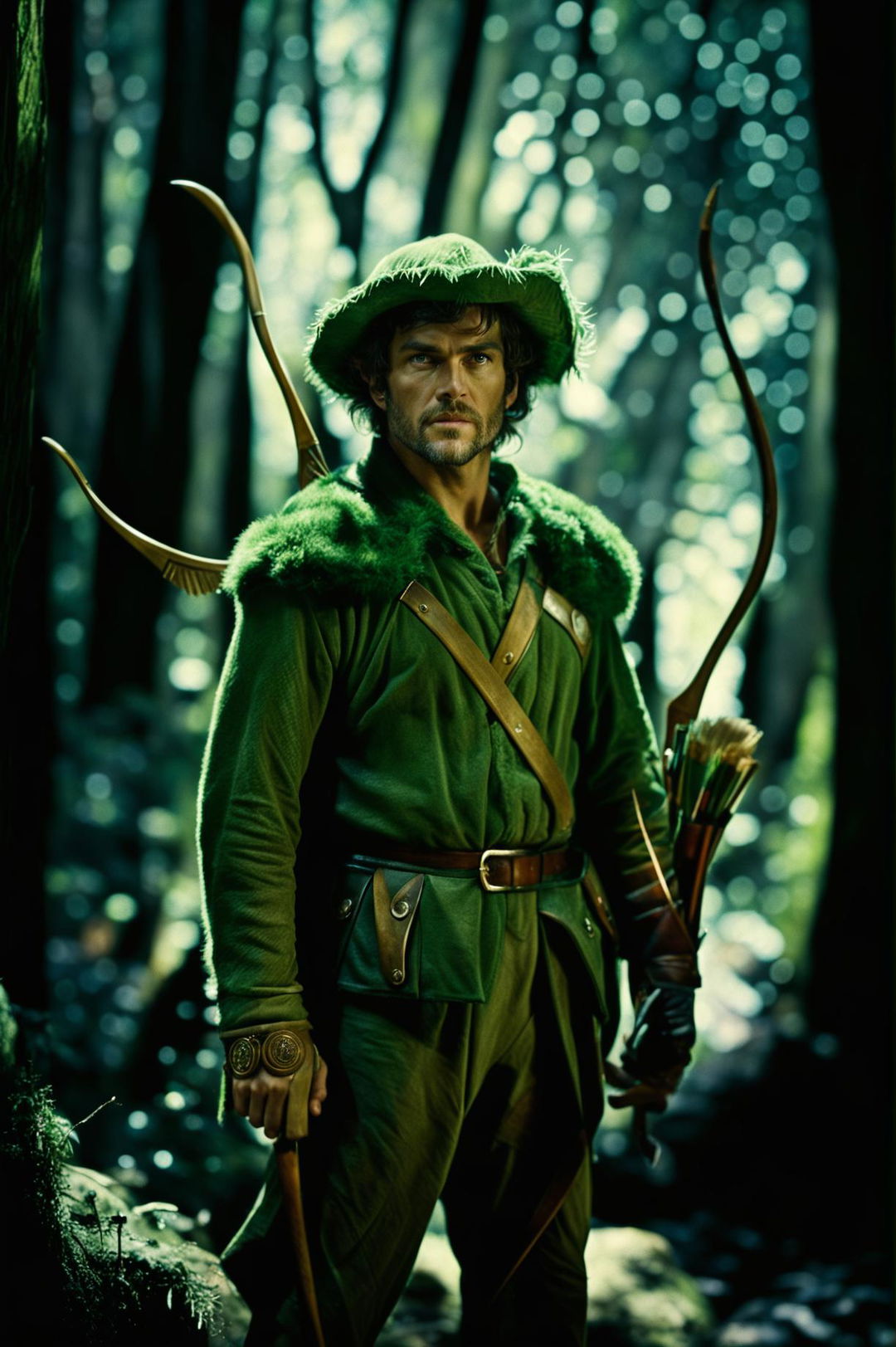 This is a high-definition, cinematic photograph featuring Robin Hood in a lush forest setting