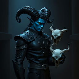 A blue male tiefling with striking black ram horns, sleek black hair, and glowing gold eyes embodies a somber mood as he stands alone in a dimly lit, dark room