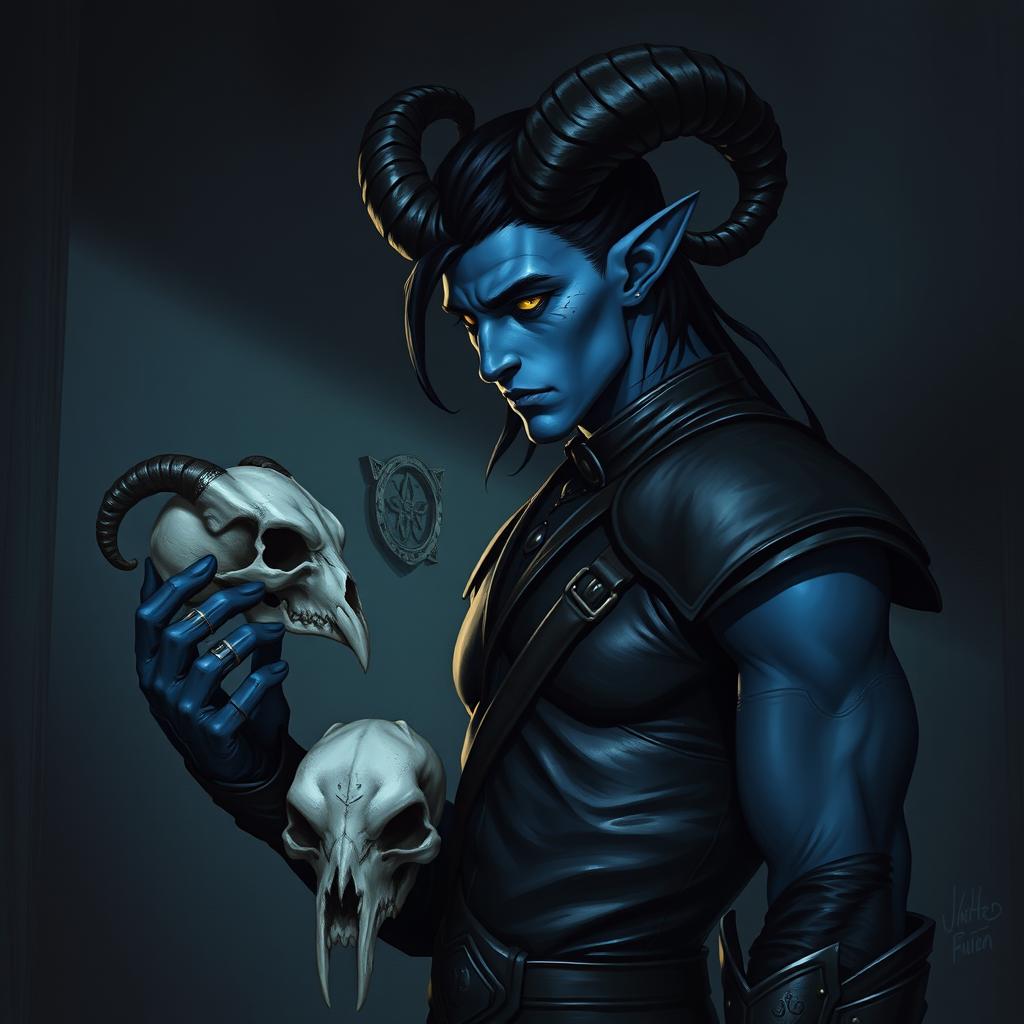 A blue male tiefling with striking black ram horns, sleek black hair, and glowing gold eyes embodies a somber mood as he stands alone in a dimly lit, dark room