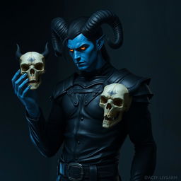 A blue male tiefling with striking black ram horns, sleek black hair, and glowing gold eyes embodies a somber mood as he stands alone in a dimly lit, dark room