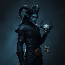 A blue male tiefling with striking black ram horns, sleek black hair, and glowing gold eyes embodies a somber mood as he stands alone in a dimly lit, dark room