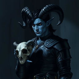 A blue male tiefling with prominent black ram horns, sleek black hair, and striking gold eyes stands in a somber pose, isolated in a dimly lit dark room