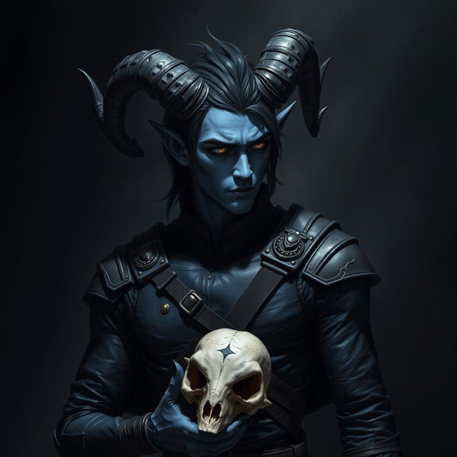 A blue male tiefling with prominent black ram horns, sleek black hair, and striking gold eyes stands in a somber pose, isolated in a dimly lit dark room