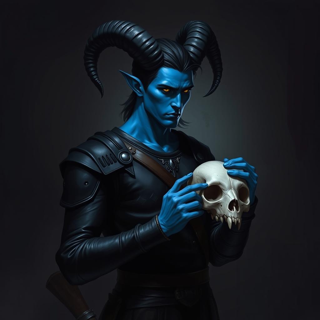 A blue male tiefling with prominent black ram horns, sleek black hair, and striking gold eyes stands in a somber pose, isolated in a dimly lit dark room