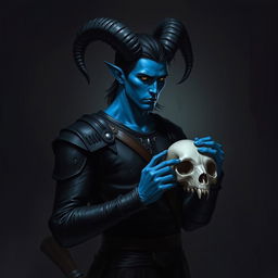 A blue male tiefling with prominent black ram horns, sleek black hair, and striking gold eyes stands in a somber pose, isolated in a dimly lit dark room