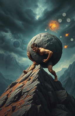 A surreal artistic representation inspired by "The Myth of Sisyphus" featuring a strong, muscular man struggling to push an immense boulder up a steep, rugged hill