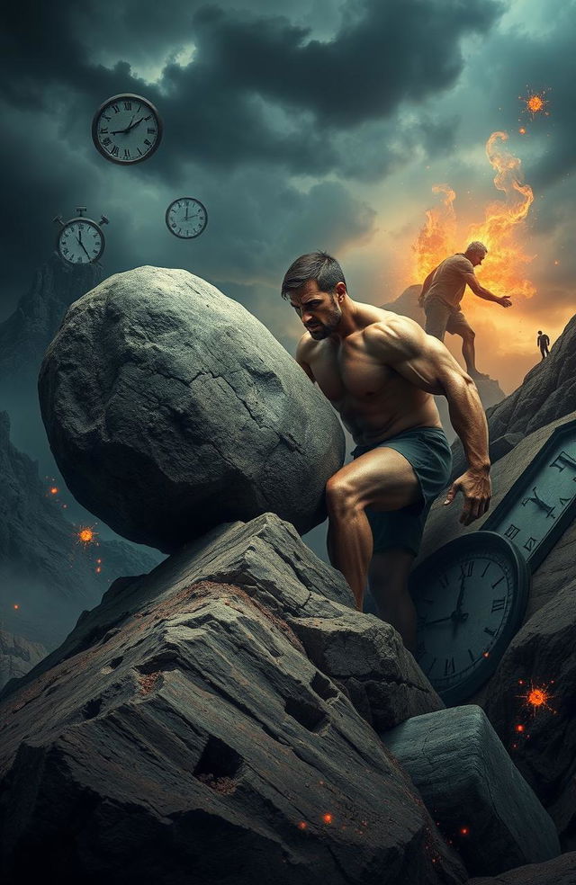 A surreal artistic representation inspired by "The Myth of Sisyphus" featuring a strong, muscular man struggling to push an immense boulder up a steep, rugged hill