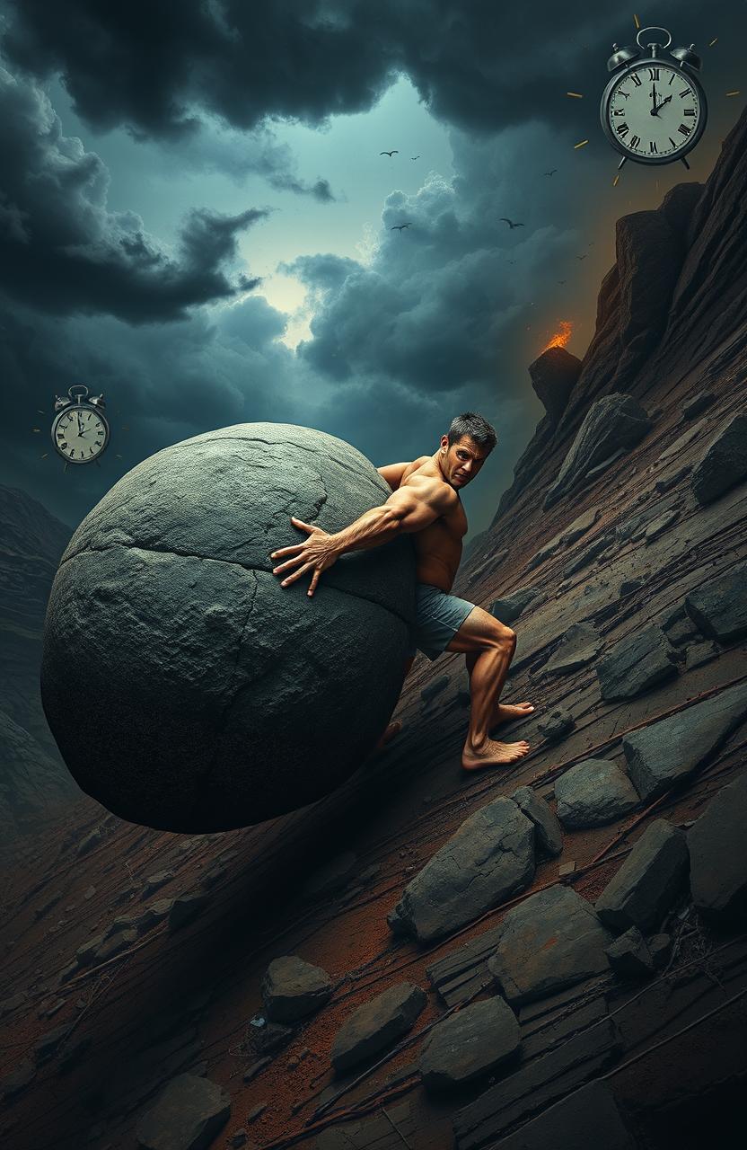 A surreal artistic representation inspired by "The Myth of Sisyphus" featuring a strong, muscular man struggling to push an immense boulder up a steep, rugged hill